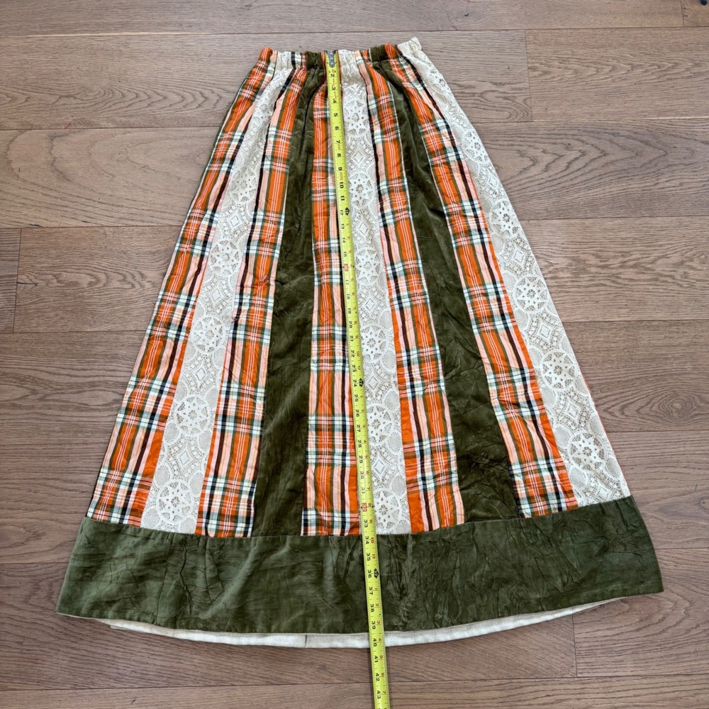 Chessa Davis Vintage Maxi Skirt Plaid Velvet Lace Patchwork Boho Orange Green 24 - Picture 7 of 8